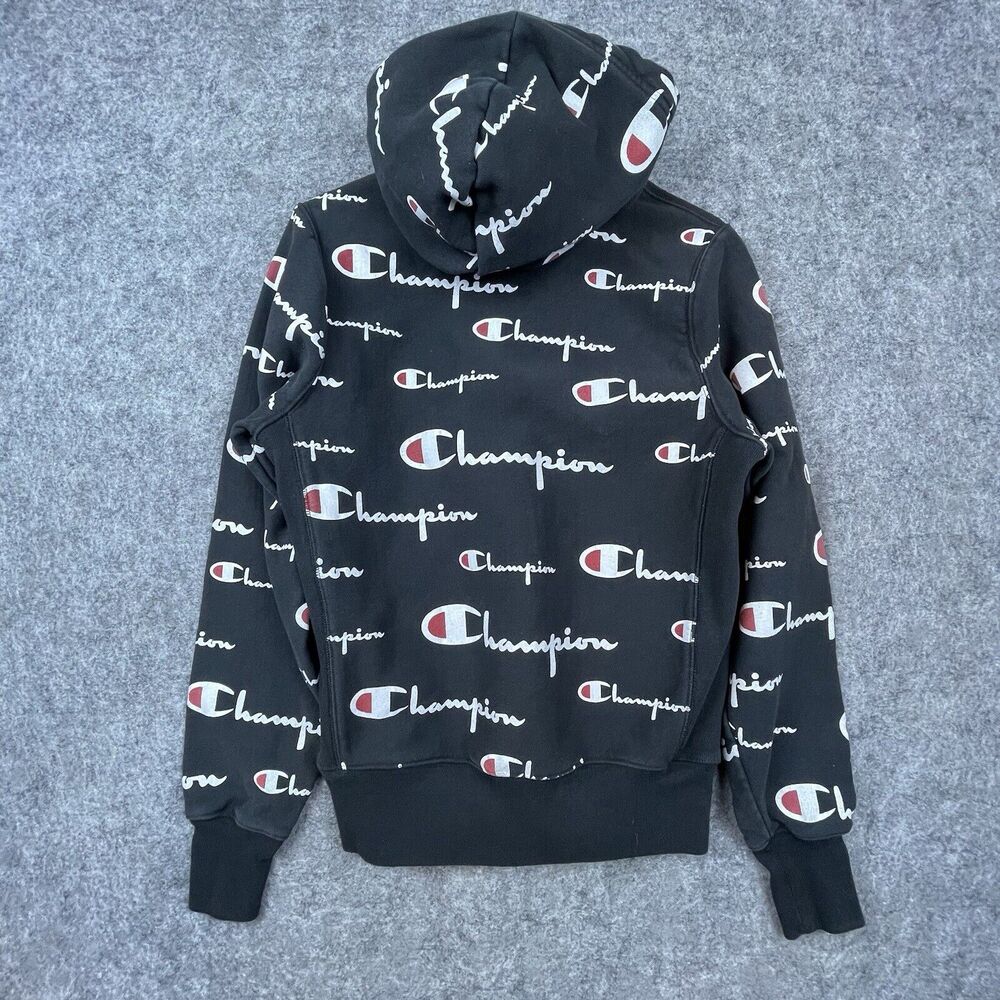 Champion Reverse‎ Weave Hoodie Mens Small Black All Over Logo Script Sweatshirt - Picture 2 of 6